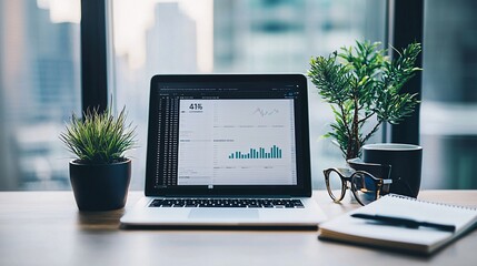 Fototapeta premium A serene study space with a financial book open, a laptop displaying stock market data, and a notepad with investment strategies written down, emphasizing self-education in financial literacy