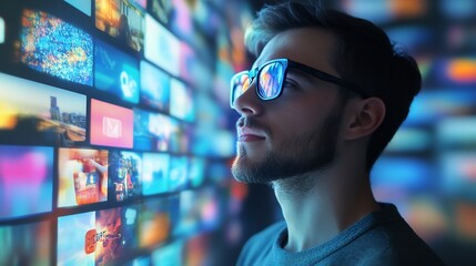 Caucasian Man Enjoying Immersive Digital World of Social Media,Video Games and Online Content