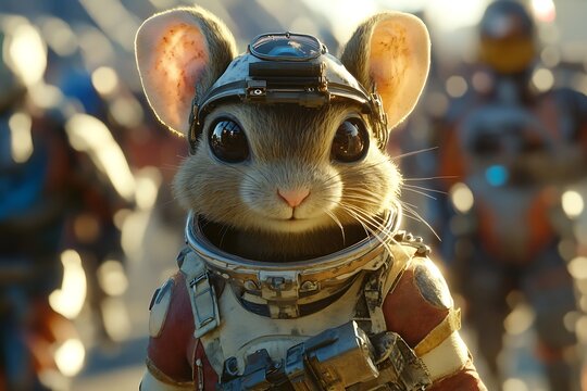 A cute, anthropomorphic mouse in a space suit stands among other space explorers.