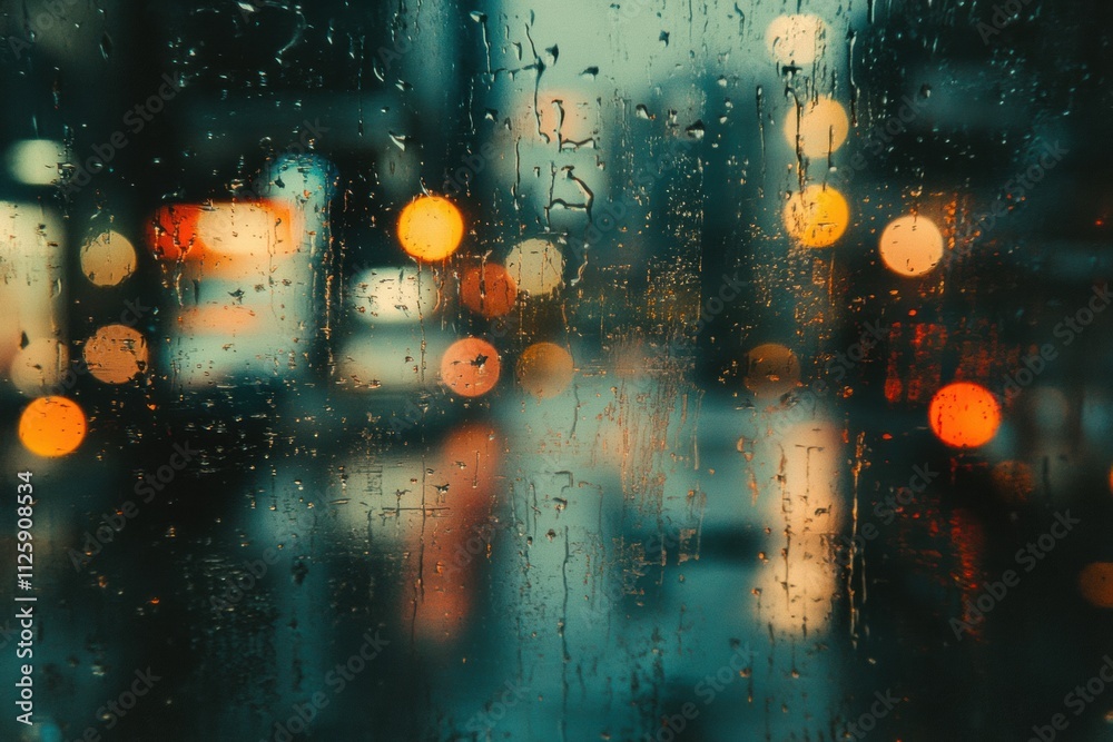 Aufkleber raindrops cling to a window, blurring the view of a deserted street illuminated by soft city lights 