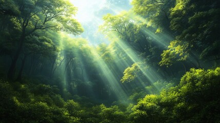 A mystical forest with beams of light filtering through the trees