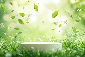 Vibrant scene featuring a circular white podium set on lush green grass, with delicate leaves floating and swirling in the air