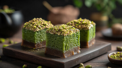 Delicious matcha cake squares topped with pistachios on a wooden platter