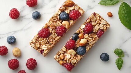 Two granola bars topped with raspberries, blueberries, and nuts on a marble surface.
