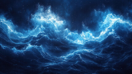 Blue background with overlapping waves and glowing streaks resembling ocean currents