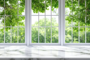 Naklejka premium Marble surface near a window overlooking lush green trees.
