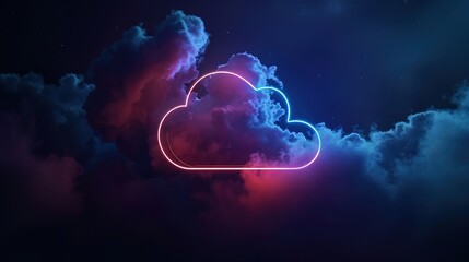 Obraz premium Abstract Cloud Illuminated by Neon Light Ring on Dark Night Sky, with Glowing Geometric Shape and Round Frame, Creating a Mysterious and Futuristic Scene.