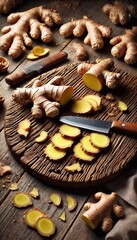 Fototapeta premium Fresh Ginger Root on a Wooden Cutting Board