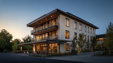 modern architectural design of a three-story building at dusk