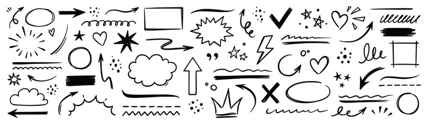 Line hand drawn marker arrow, heart, text highlight brush shape element set. Hand drawn sketch marker underline shape, arrow, star scribble brush pen stroke element. Vector illustration.