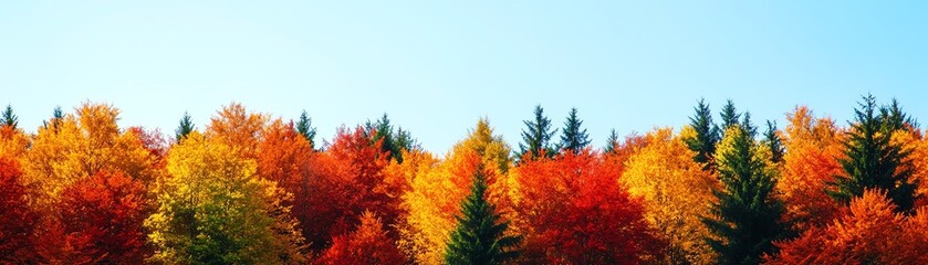 Fototapeta premium Vibrant autumn forest showcasing a stunning array of orange, red, and yellow foliage against a clear blue sky.