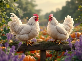 Fototapeta premium Panoramic view: Lavender Orpingtons foraging near pumpkins.