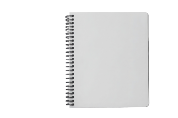 Blank white page of a spiral notebook, top view, isolated on a transparent PNG white background
