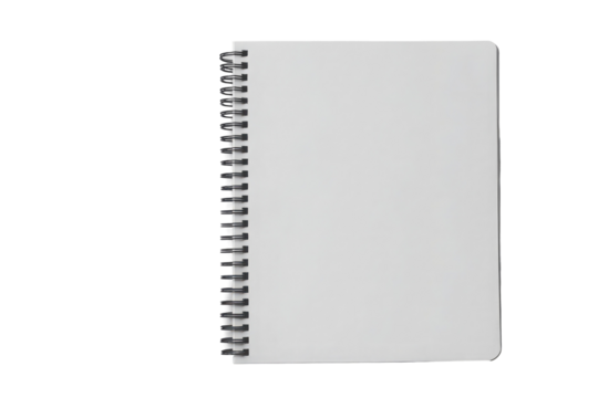 Blank white page of a spiral notebook, top view, isolated on a transparent PNG white background