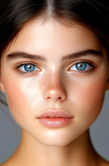 Fototapeta premium A woman with blue eyes and a light pink lip color. She has a light pink blush on her cheeks
