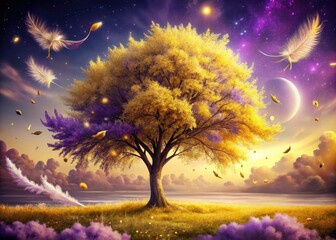 Magical Fantasy Tree: Purple Yellow Feathers Dewdrop Vortex Art, Surreal Nature Painting, Dreamlike Landscape