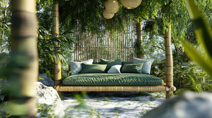 bamboo eco-friendly furniture Concept. Relaxing bamboo daybed in lush green outdoor setting