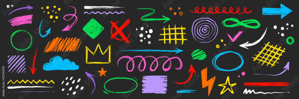 Fototapete arrow brush line color paint element shape set. crayon abstract doodle color circle, arrow sketch ha