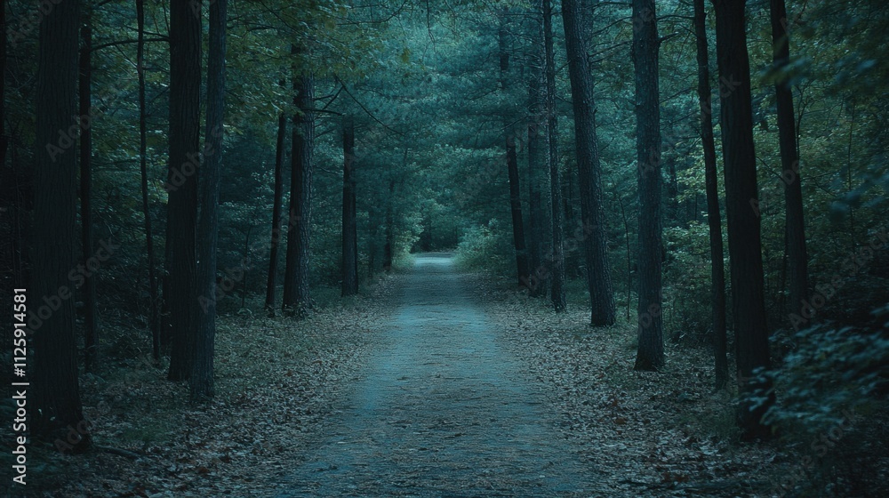 Leinwandbilder A tranquil pathway winds through a dense forest, inviting exploration and providing a perfect blank space for adding custom text. Generative AI