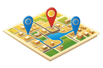 A 3D rendering of a gold pin on a city map isolated on transparent white background. It symbolizes location, direction, and navigation. png