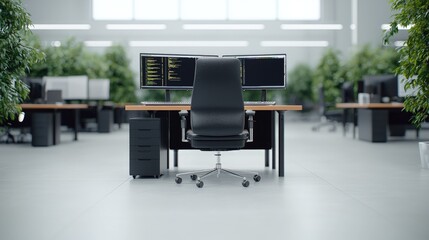 Empty modern office workspace with desk, chair, and dual monitors displaying code.