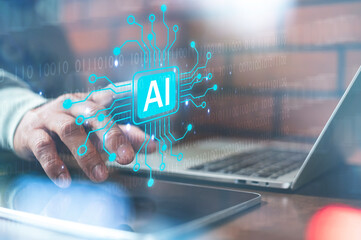 Programmer working laptops with AI, artificial intelligence software engineer coding on laptop computers with technology icons and binary code.
