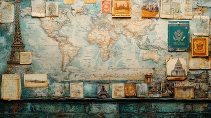 Fototapeta premium A vintage-style world map adorned with travel memorabilia and postcards.
