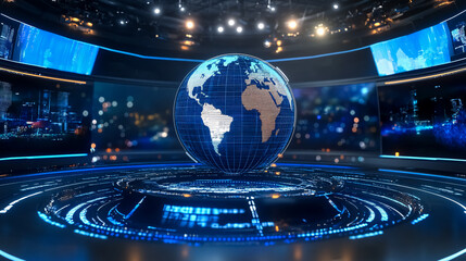 A global earth rotating, set in a digital news studio backdrop for news reports and breaking news.
