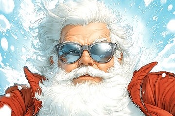 A cartoon of Santa wearing sunglasses and a red jacket. The cartoon is in a comic book style