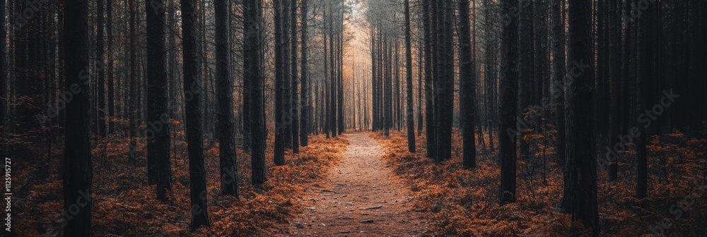 Poster A winding pathway leads through a tranquil forest, surrounded by tall trees and soft, warm light filtering through the branches. Generative AI