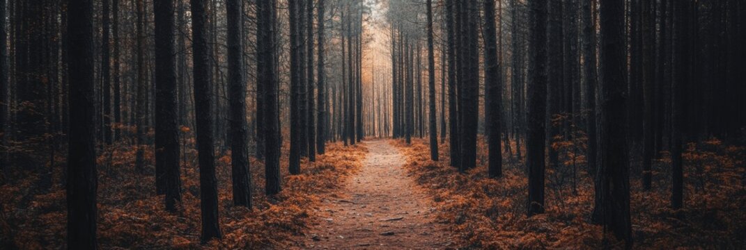 A winding pathway leads through a tranquil forest, surrounded by tall trees and soft, warm light filtering through the branches. Generative AI