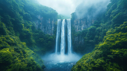 Fototapeta premium Nature background showcasing a misty waterfall surrounded by lush green foliage