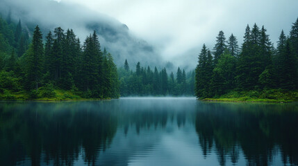 Fototapeta premium Nature background showcasing a serene mountain lake with mist rolling over pine trees