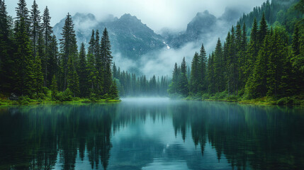 Nature background showcasing a serene mountain lake with mist rolling over pine trees