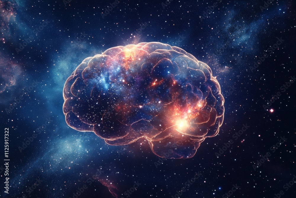 Poster a vibrant cosmic brain formed by stars and galaxies shines brightly against a deep space background,