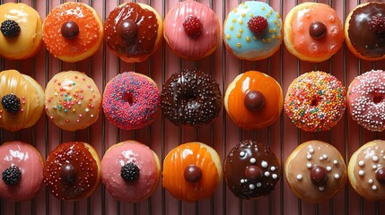 A vibrant display of various donuts showcasing different toppings and glazes. This delightful array highlights creative flavors and textures, enticing customers at a local bakery.
