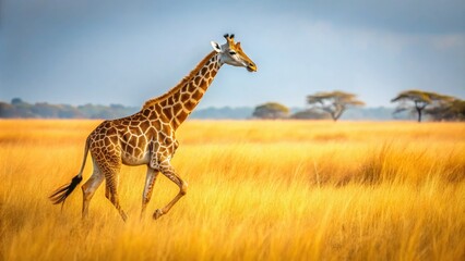 Obraz premium Majestic Giraffe in African Savanna, Wildlife Photography, Isolated White Background, Dry Grass, Animal Portrait