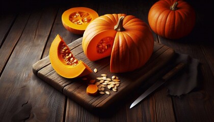 Fresh Pumpkin on a Wooden Cutting Board