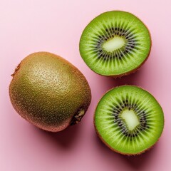 Fototapeta premium Kiwi fruit cut in half showcasing vibrant green flesh and seeds against a pastel pink backdrop