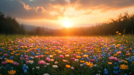 Nature background with a tranquil meadow filled with colorful wildflowers under a soft sunrise