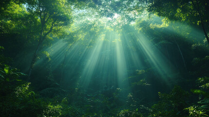 Obraz premium Nature background with sunlight filtering through dense forest canopies in early morning
