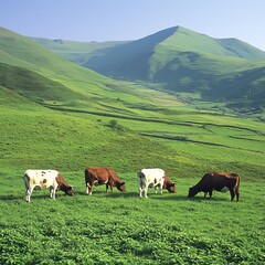 Peaceful Pasture Cows Grazing in Mountain Valley