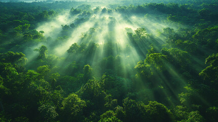 Fototapeta premium Nature background with sunlight filtering through dense forest canopies in early morning