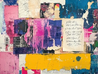 Fototapeta premium Abstract collage featuring vibrant colors, textures, and handwritten notes.