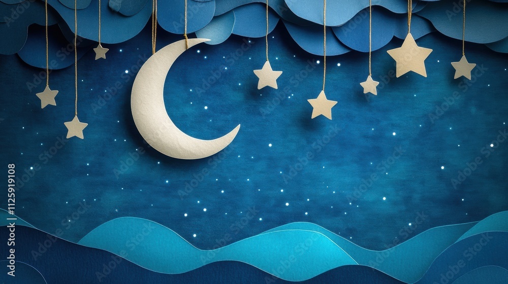 Poster a whimsical night display featuring a crafted moon and stars hanging from strings above layered blue