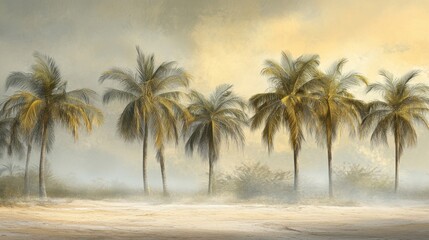 Obraz premium Serene Tropical Landscape with Palm Trees Under a Soft Golden Glow and Misty Atmosphere Capturing the Essence of a Calm Oasis at Sunrise