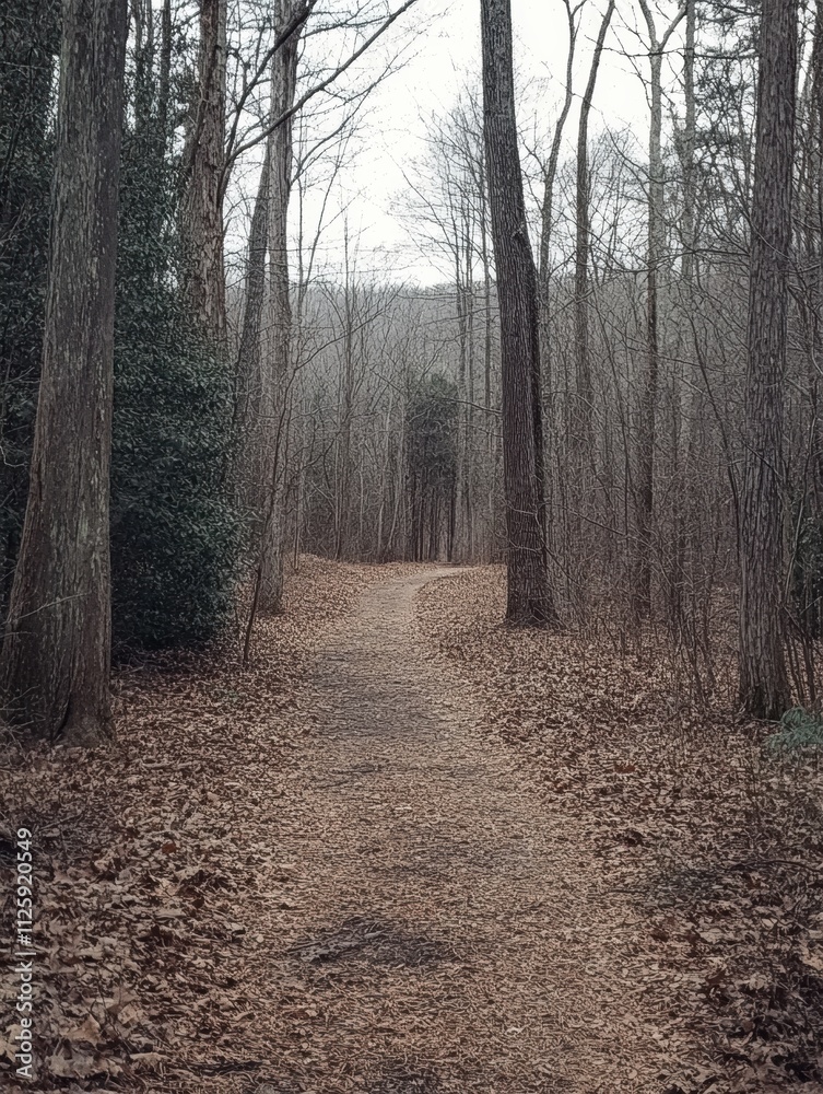 Aufkleber a peaceful pathway winds through the forest, surrounded by tall trees and a carpet of fallen leaves,