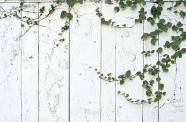 White wooden fence with climbing green ivy.