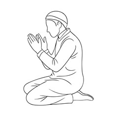 A person kneeling in prayer. Line art vector illustration 