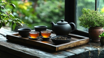 A meticulously arranged tea ceremony displays a black teapot, two glass cups filled with amber liquid, and loose tea leaves on a wooden tray.